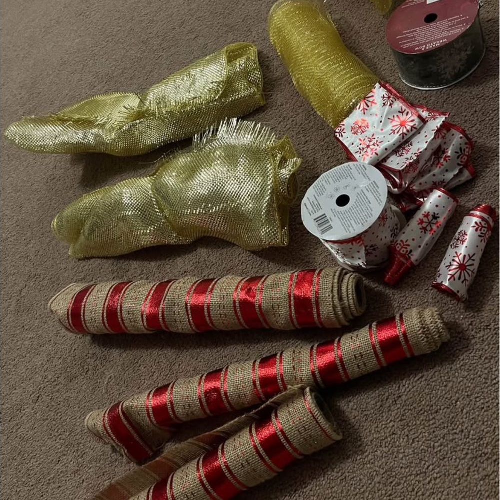 Ribbons, mesh ribbons and red and tan burlap fabric